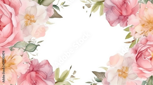 watercolor floral frame with pink roses and leaves. Generative Ai