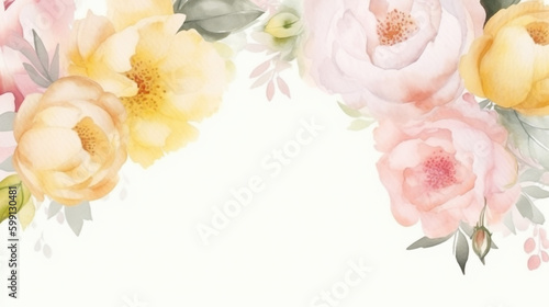watercolor floral border with pink and yellow flowers. Generative Ai © PETR BABKIN