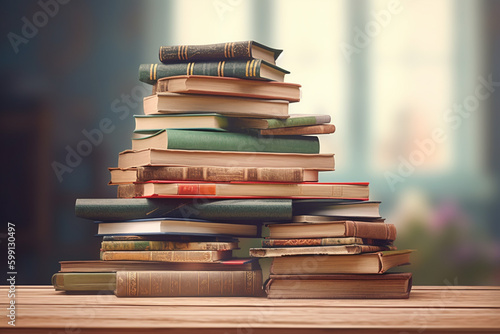 Stacks of books on table, stacked on top of each other with blurred background. Ai generative