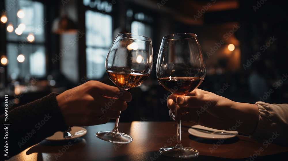 two people toasting with wine glasses in a restaurant. Generative Ai