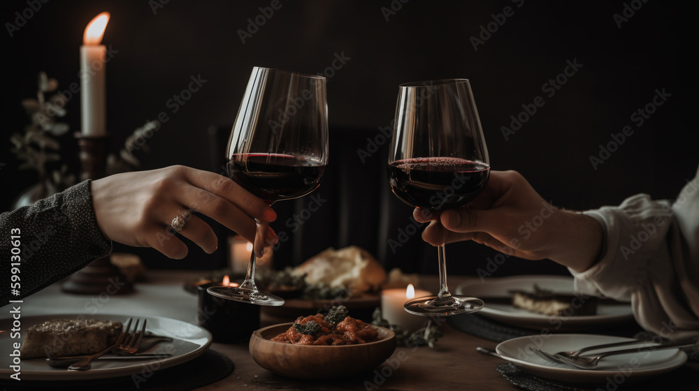 romantic evening people drink wine and have a snack twilight candles burn. Generative Ai