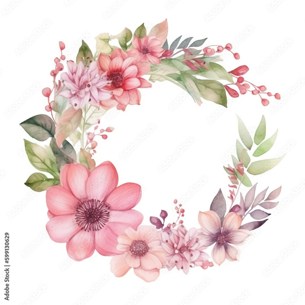 watercolor floral wreath with pink flowers and leaves. Generative Ai