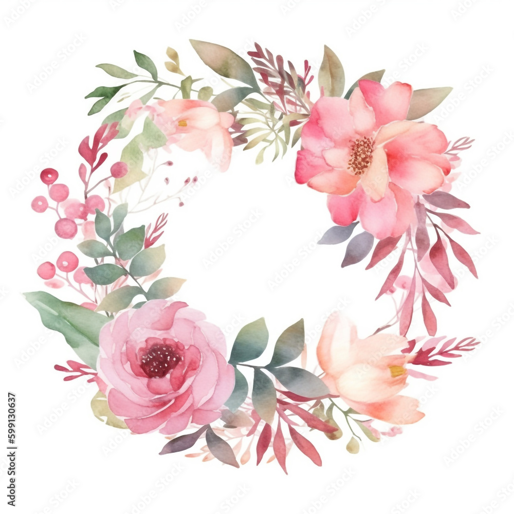 Fototapeta premium watercolor floral wreath with pink flowers and leaves. Generative Ai