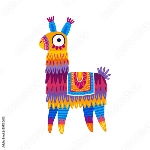 Cartoon llama or cute alpaca, comic peruvian animal funny character personage. Vector knitted llama toy in ethnic design, kids baby lama