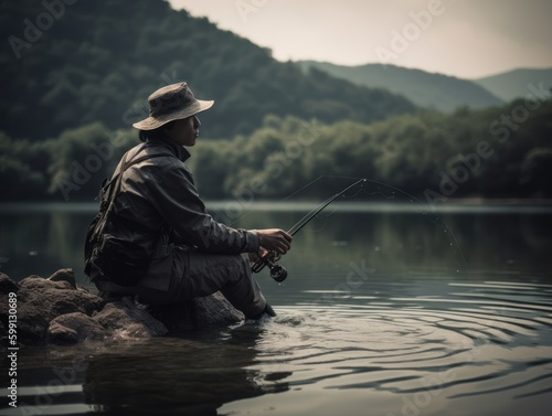Fishing for Fun: Recreational Sport Fishing on a River for sport fishing, generative ai photo