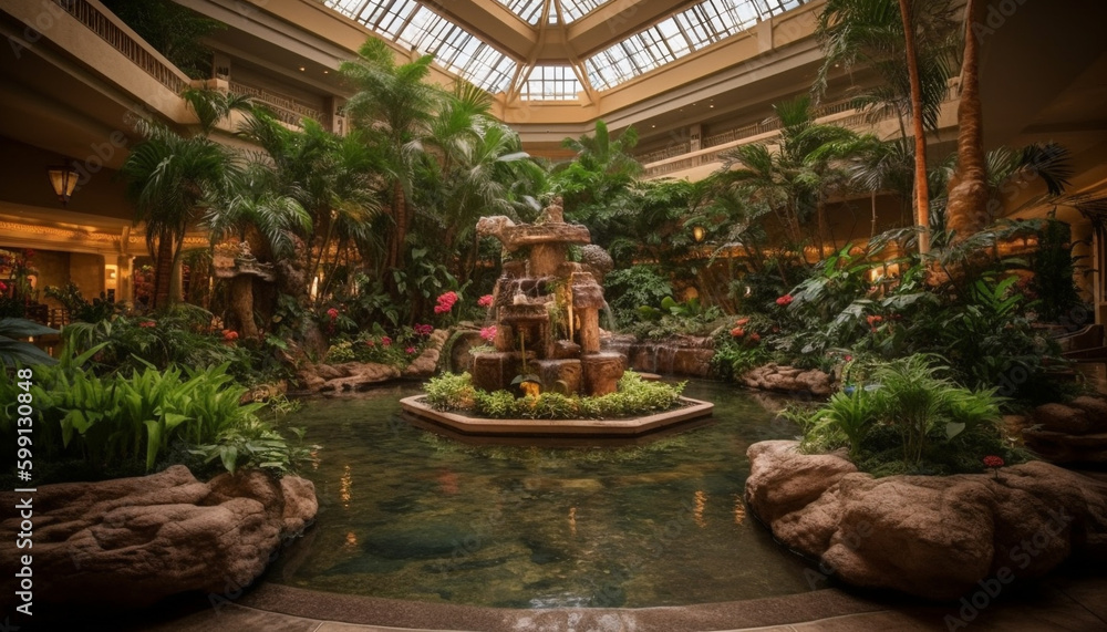 Obraz premium Tropical palm trees illuminate famous formal garden generated by AI