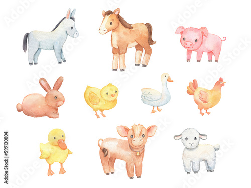 Cute baby donkey, lamb and chicken isolated on white. Watercolor farm animals set. Childish character