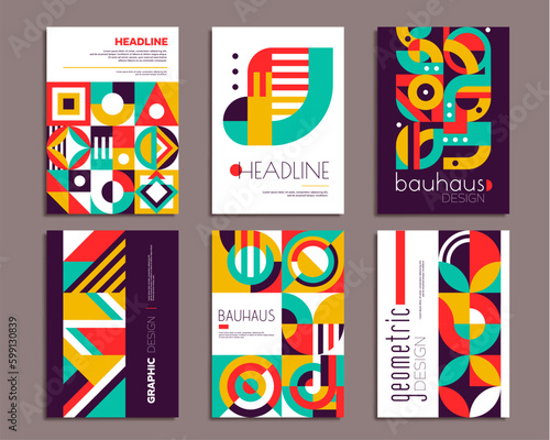 Bauhaus posters. Geometric abstract patterns. Business presentation page design vector layout with geometrical shapes collage. Corporate identity posters or banners with Bauhaus vintage patterns