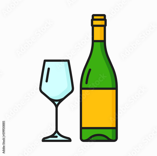 Bottle of champagne or white wine and glass color line icon. Vector aged wine dry light alcohol drink in green bottle, winery product