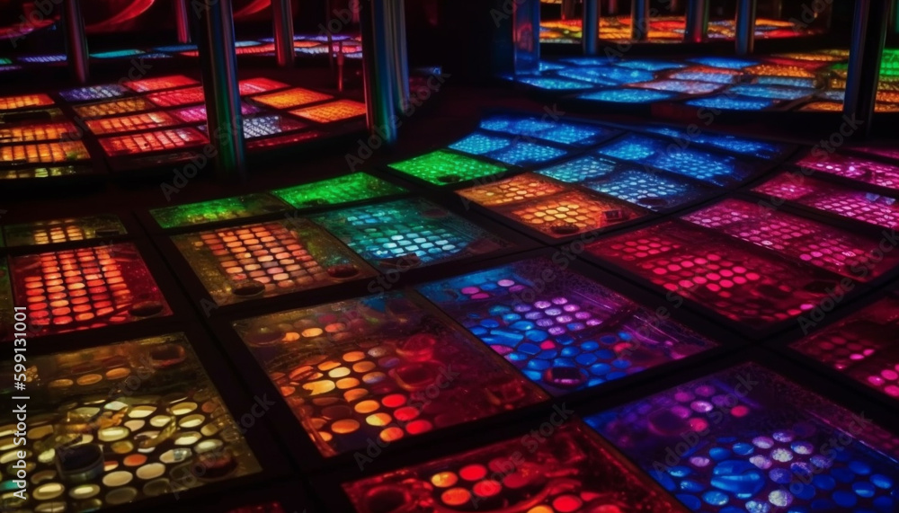 Vibrant colors illuminate stained glass, modern architecture shines generated by AI