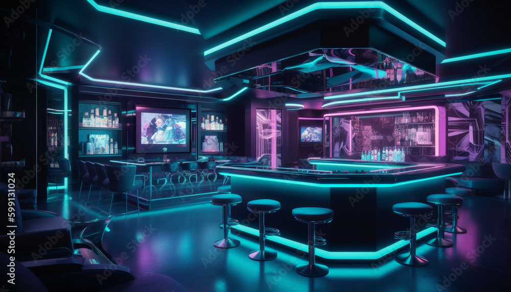 Modern with glowing neon, luxurious bar counter generated by
