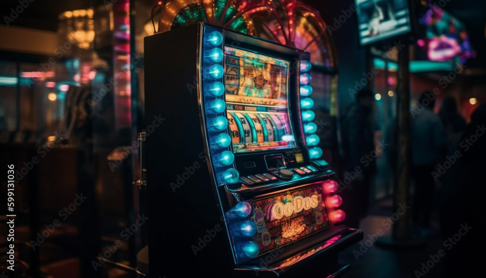 Glowing machinery spinning, men playing, jackpot won generated by AI Glowing machinery spinning, men playing, jackpot won generated by AI