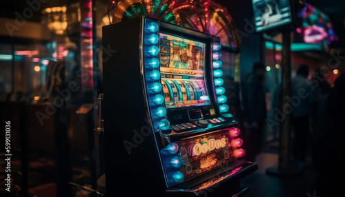 Glowing machinery spinning, men playing, jackpot won generated by AI