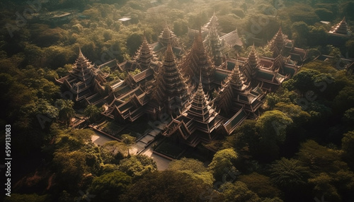 Ancient pagoda built in nature tropical forest generated by AI