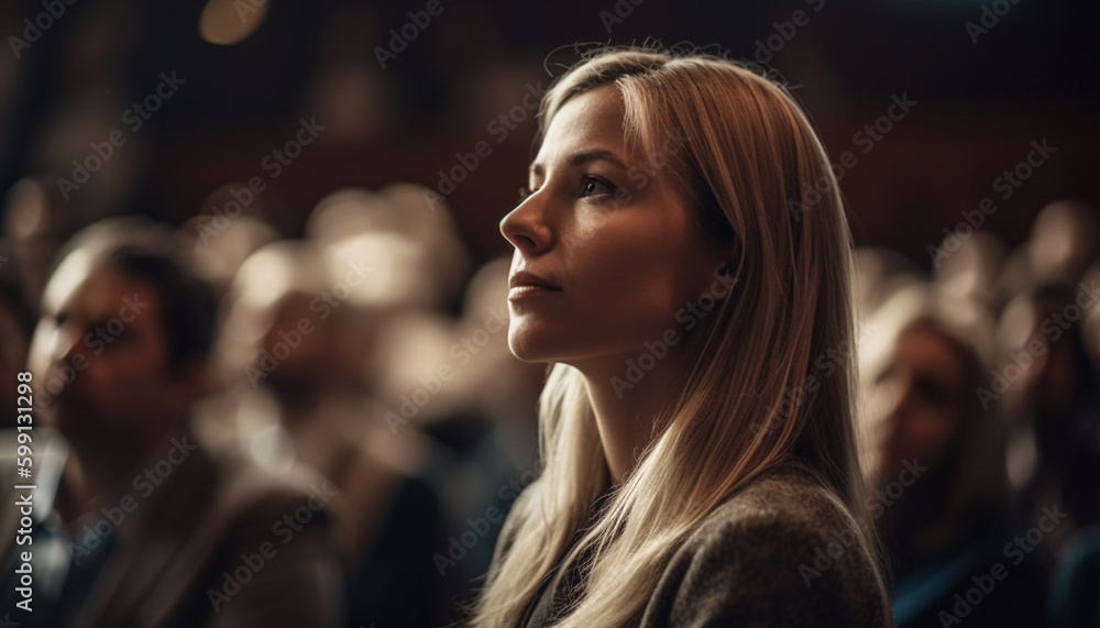 Young women in casual clothing watching seminar performance generated by AI Young women in casual clothing watching seminar performance generated by AI