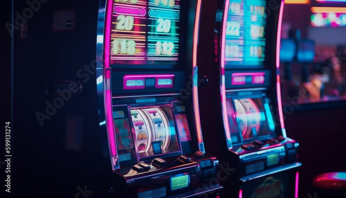 Glowing casino machinery spinning for risky fun generated by AI