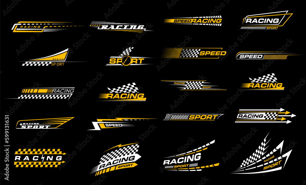 Race sport car stripe stickers, checker decals. Motocross competition retro emblems, motorsport championship or rally racing tournament vintage vector symbols or decals set with victory checkered flag - obrazy, fototapety, plakaty 