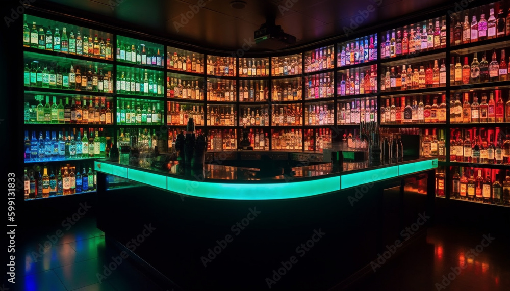 Modern nightclub bar counter illuminated with alcohol bottles generated by AI