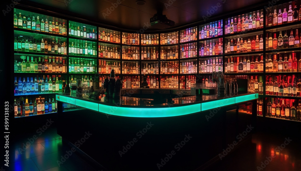 Modern nightclub bar counter illuminated with alcohol bottles generated by AI Modern nightclub bar counter illuminated with alcohol bottles generated by AI