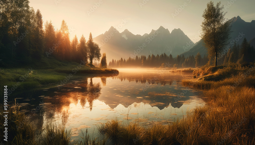 Fototapeta premium Majestic mountain range reflects in tranquil pond generated by AI