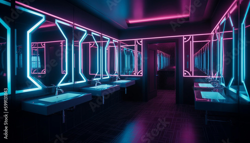 Futuristic computer equipment glows in modern nightclub generated by AI