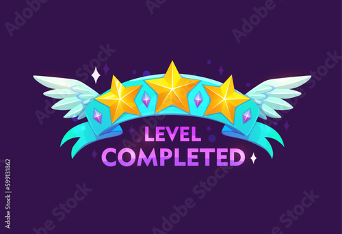 Game level complete. Arcade achievement rating, videogame level up prize or reward vector symbol, casino success sign. Gaming task complete, winner rank icon with three golden stars on blue ribbon