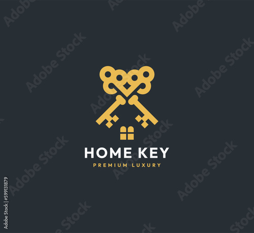 Modern real estate logo template. Crossed classic keys symbol. Luxury hotel sign. Vector illustration.