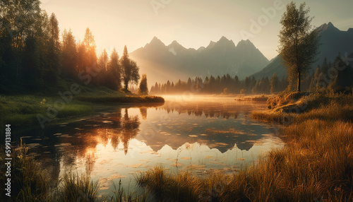 Majestic mountain range reflects in tranquil pond generated by AI © djvstock