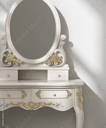Vintage beige wooden dressing table with oval vanity mirror with carved gold flower pattern, drawer in sunlight on white geometric wallpaper for beauty, skincare, cosmetic product background 3D