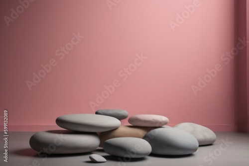 A beautiful pink background  empty space for product presentation or copy space with stones  soothing pastel pink color. Generative AI.