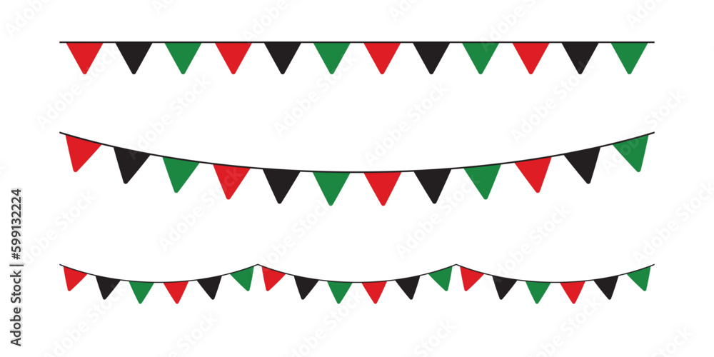 Fototapeta premium Red, black and green colored party bunting as the colors of the Pan-African flag. For Juneteenth and Black History Month. Flat vector illustration.