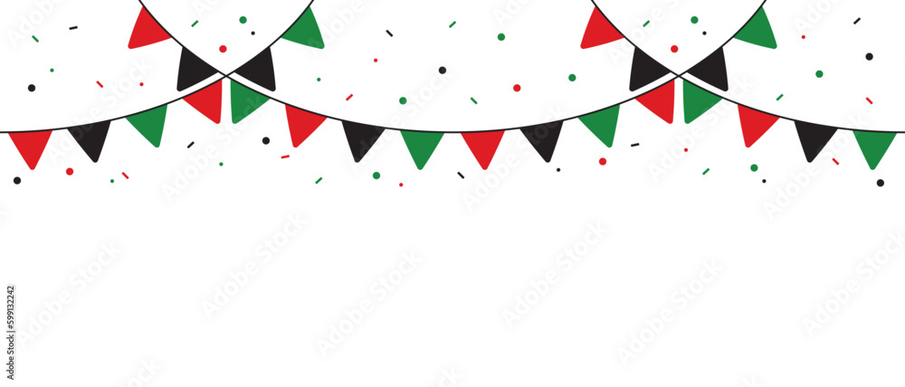 Red, black and green colored party bunting as the colors of the Pan-African flag. For Juneteenth and Black History Month. Flat vector illustration. Red, black and green colored party bunting as the colors of the Pan-African flag. For Juneteenth and Black History Month. Flat vector illustration.