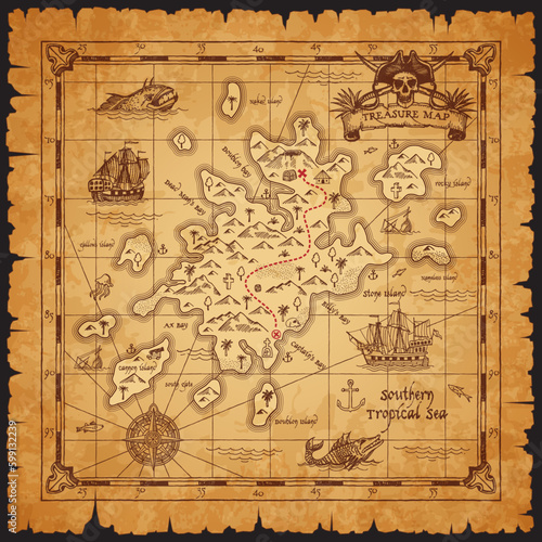 Old antique pirate treasure map. Caribbean island, sea monsters, compass wind rose and sail ships. Vector worn fantasy vintage parchment with southern tropical sea, red cross on land, cardinal points