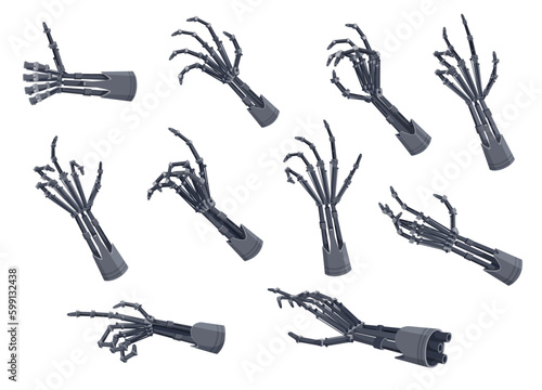 Robot hands or arms. Future artificial technology, cyborg mechanical hand with metallic fingers grip and release with precision and strength. Isolated vector automated bionic limb set showing gestures