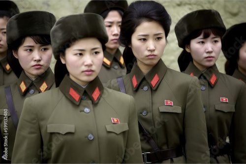 Group of North Korean female soldiers. Generative AI photo