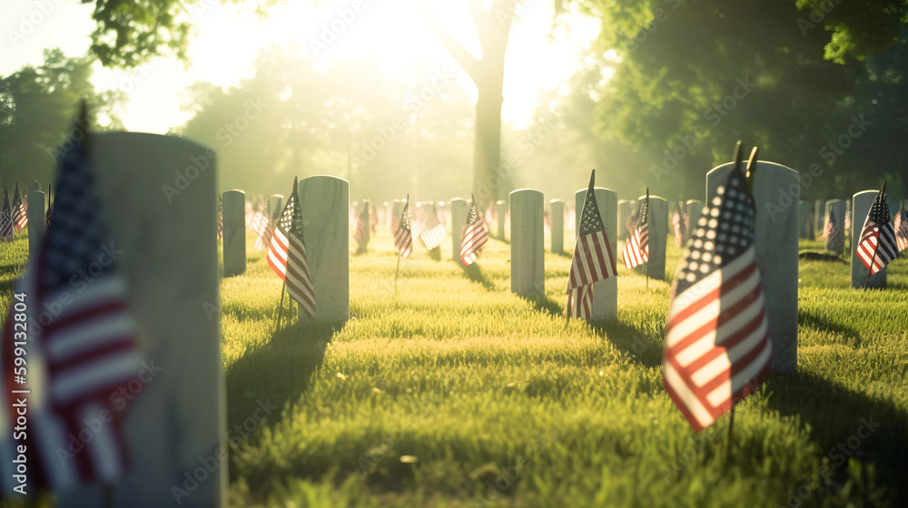 US Flag at Military Cemetery on Veterans Day or Memorial Day. Concept National holidays, Flag Day, Veterans Day, Memorial Day, Independence Day, Patriot Day. Generative AI. - obrazy, fototapety, plakaty 