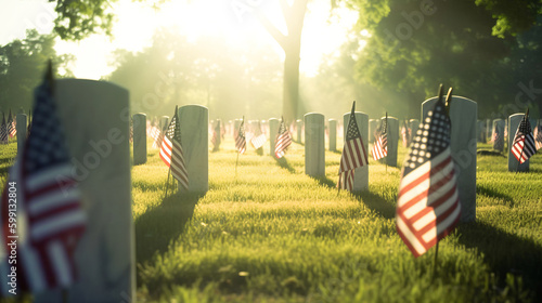 Fotografija US Flag at Military Cemetery on Veterans Day or Memorial Day