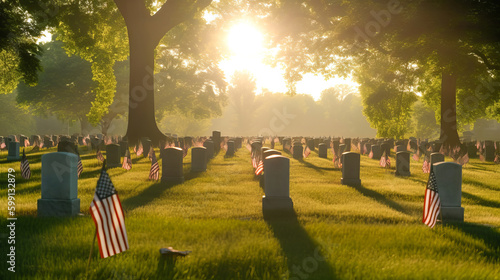 Photo US Flag at Military Cemetery on Veterans Day or Memorial Day