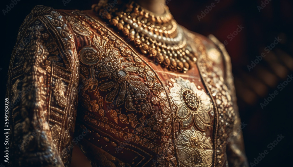 Ornate gold dress showcases East Asian elegance generated by AI