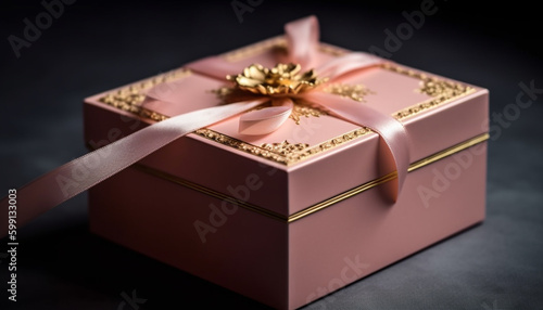 Golden gift box wrapped in shiny paper generated by AI
