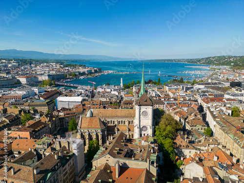 Aerial photograph of Geneva, Geneva city view to the lake. Taken above the old town. © Robert