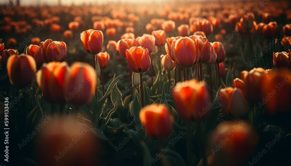 Vibrant tulip blossom in meadow at sunrise generated by AI