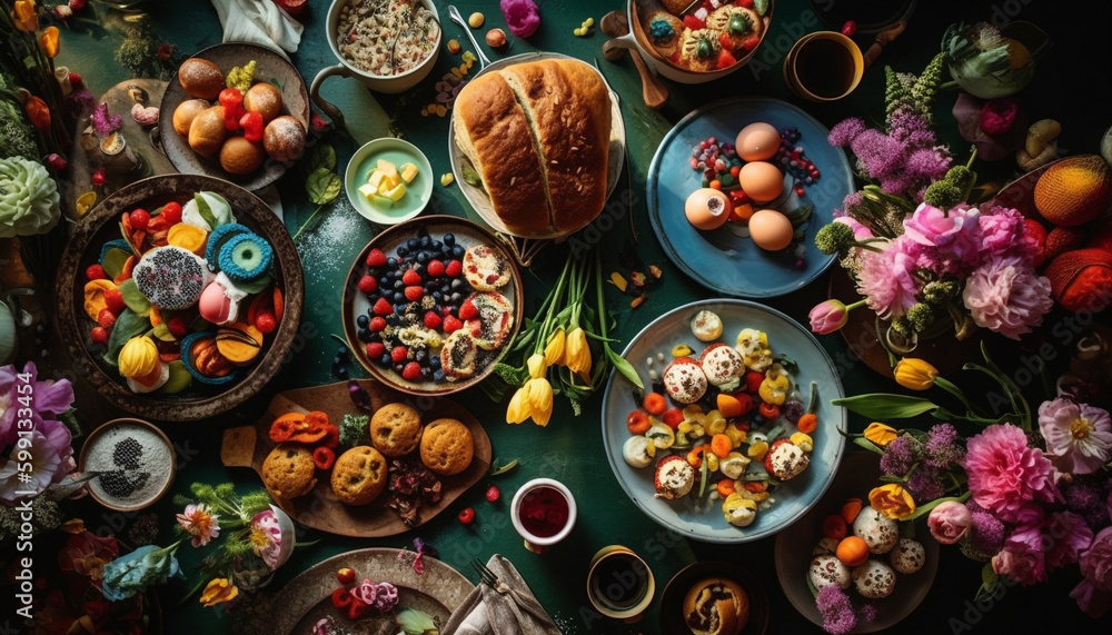 Abundance of fresh berry fruit in rustic bowl generated by AI