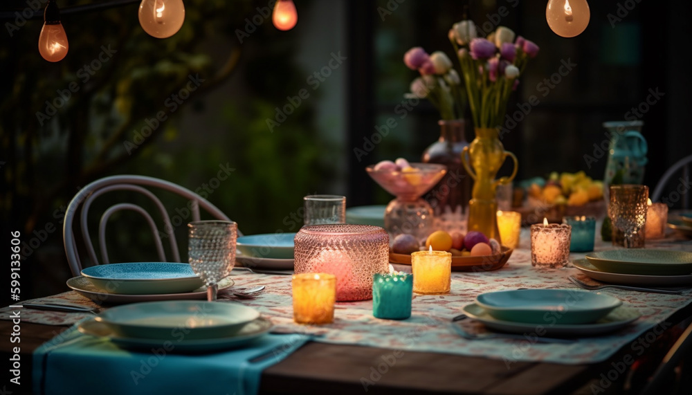 Luxury candlelight dinner party elegant decor, relaxation, romance generated by AI