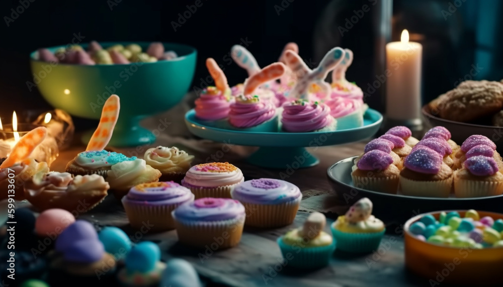 Naklejka premium Indulgent cupcakes with sweet icing decoration generated by AI