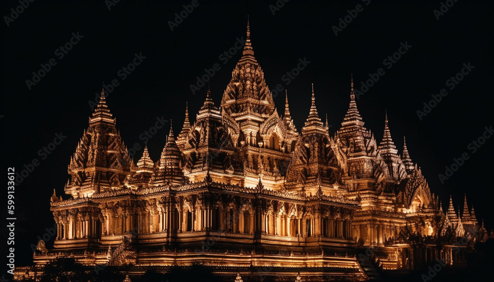 Majestic pagoda illuminated at night, ancient spirituality generated by AI