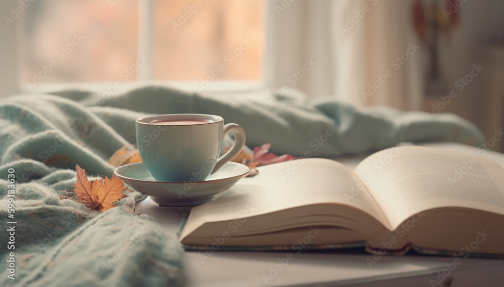 Cozy bedroom, hot coffee, good book, perfect day generated by AI Cozy bedroom, hot coffee, good book, perfect day generated by AI