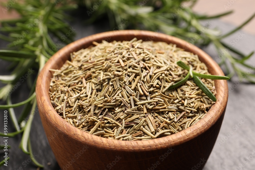 Closeup view of bowl with dry rosemary Closeup view of bowl with dry rosemary