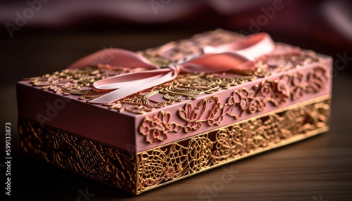 Ornate gift box wrapped in shiny gold generated by AI
