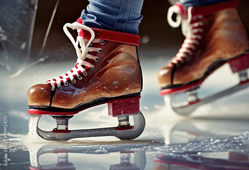 Brown Skates Figure Skater Gliding On Ice Background Generative AI photo